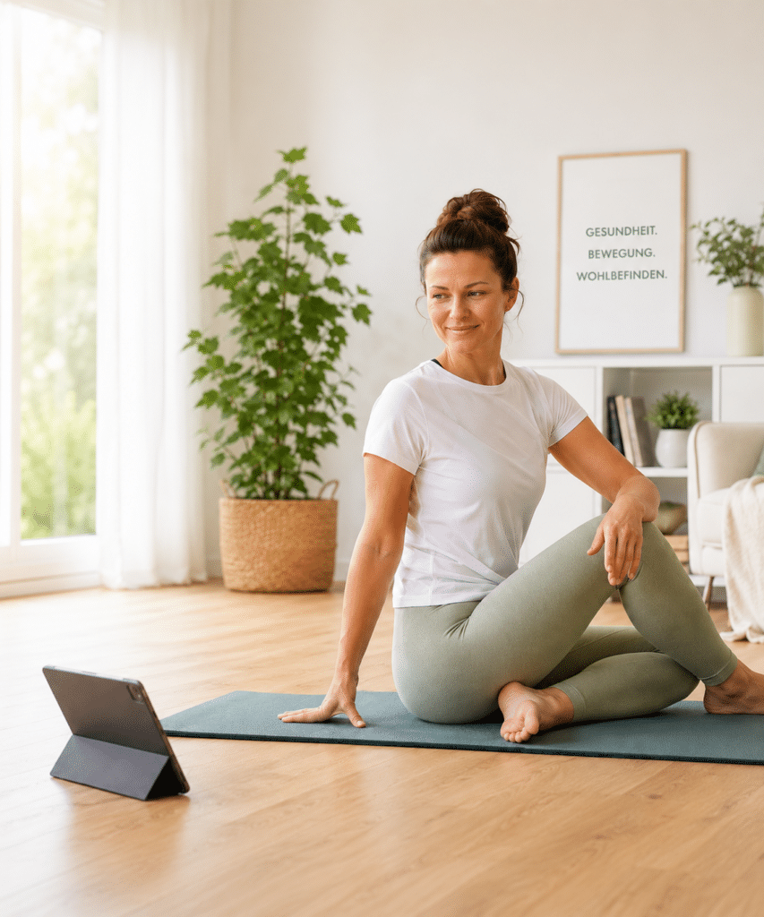Person trainiert zuhause mit einem zertifizierten Online-Fitnesskurs auf einer Trainingsmatte