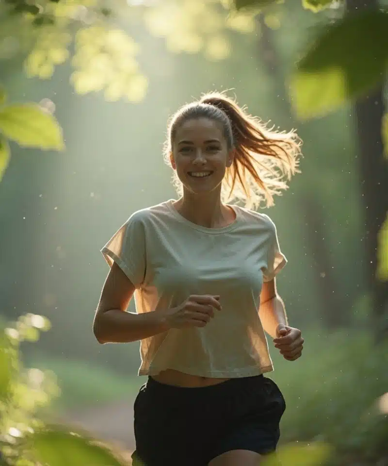 Frau läuft lächelnd durch den Wald — Online Laufkurs gesundheitskurse.digital
