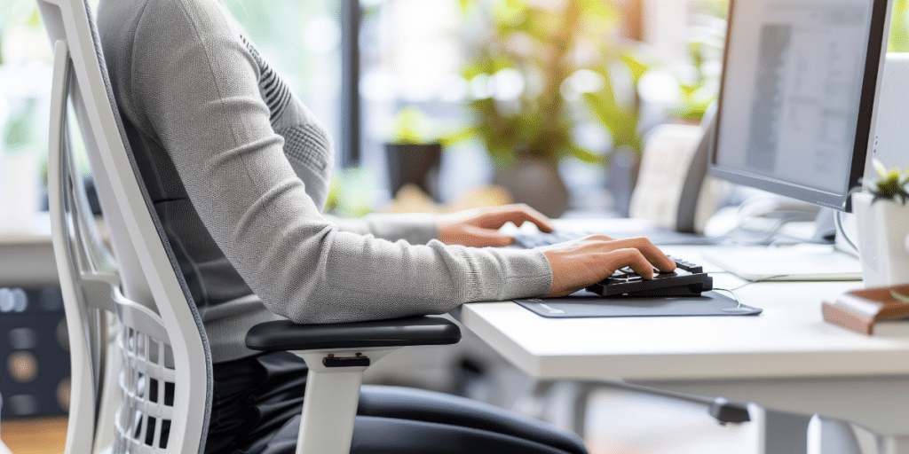 Berufstätige Person macht Stretching-Pause am Schreibtisch im Homeoffice