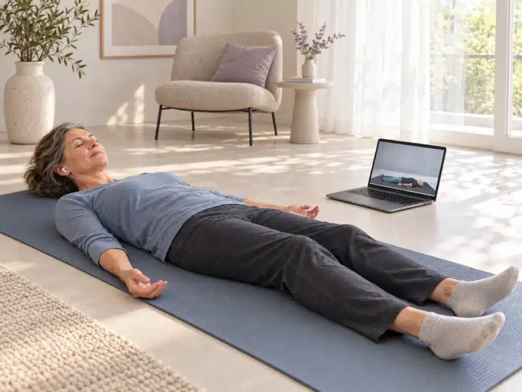 Eine Frau uebt Autogenes Training in Rueckenlage und folgt zu Hause der Anleitung von Markus auf dem Laptop.