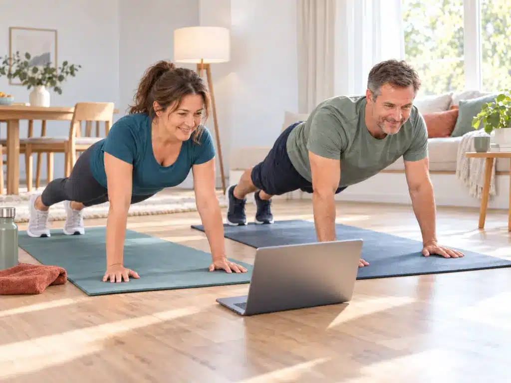 Eine Frau und ein Mann halten eine Plank im hellen Wohnzimmer und folgen gemeinsam einem Onlinekurs am Laptop.