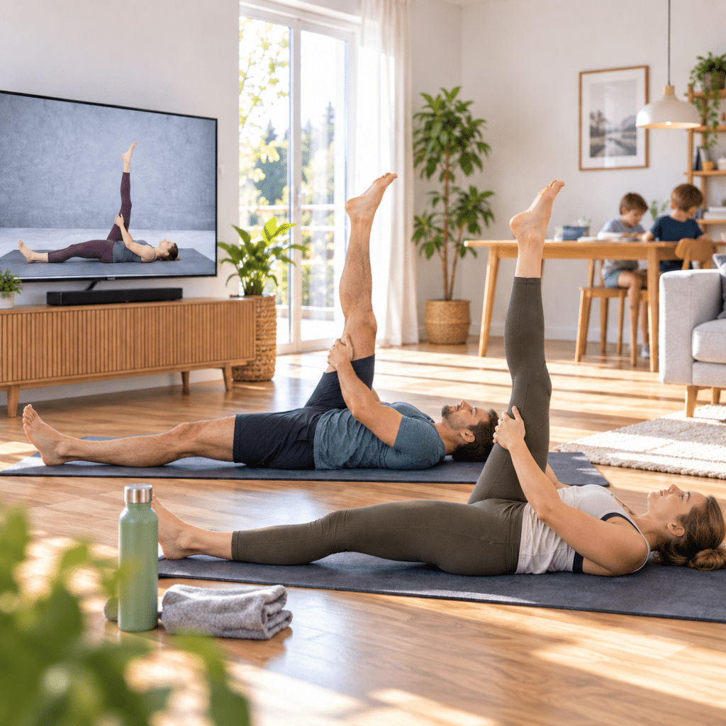 Mann und Frau trainieren im Wohnzimmer nach einem zertifizierten Online-Gesundheitskurs auf dem TV, während zwei Kinder am Esstisch sitzen.